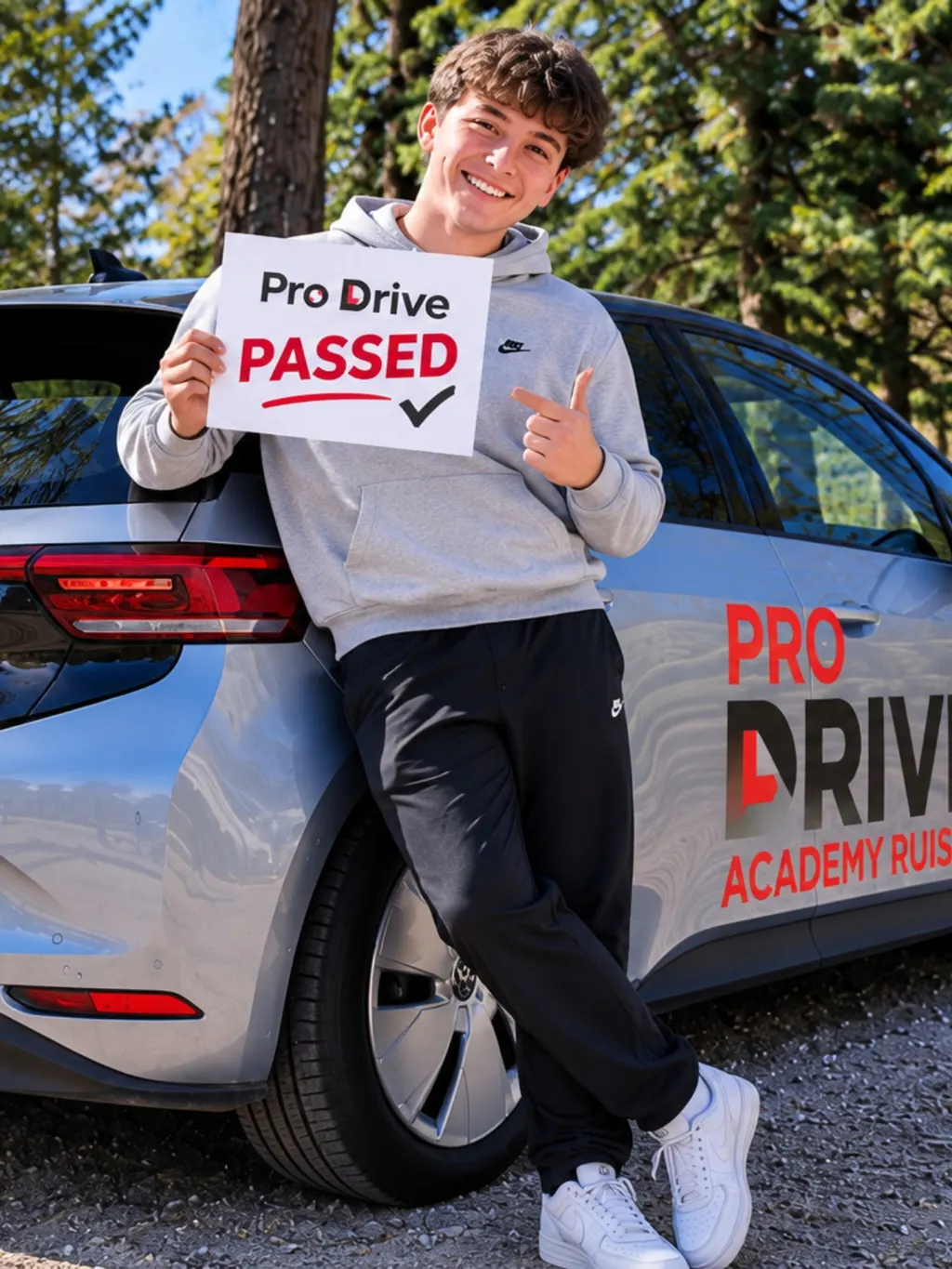 A learner holding a ProDrive Academy PASSED sign beside the school car