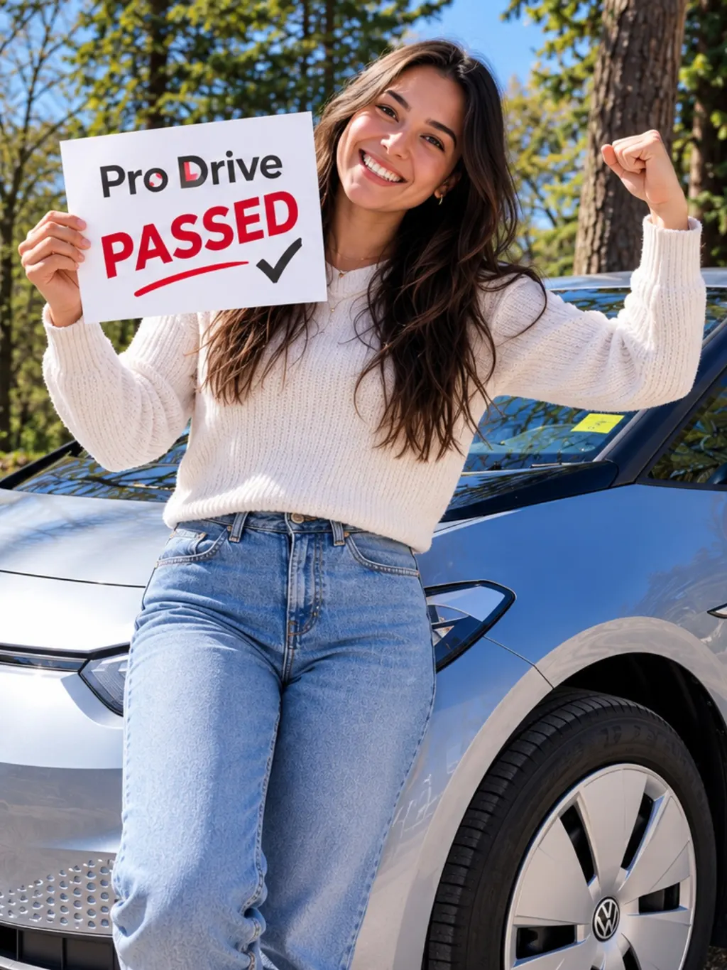 A learner celebrating with a ProDrive Academy PASSED sign in front of the school car