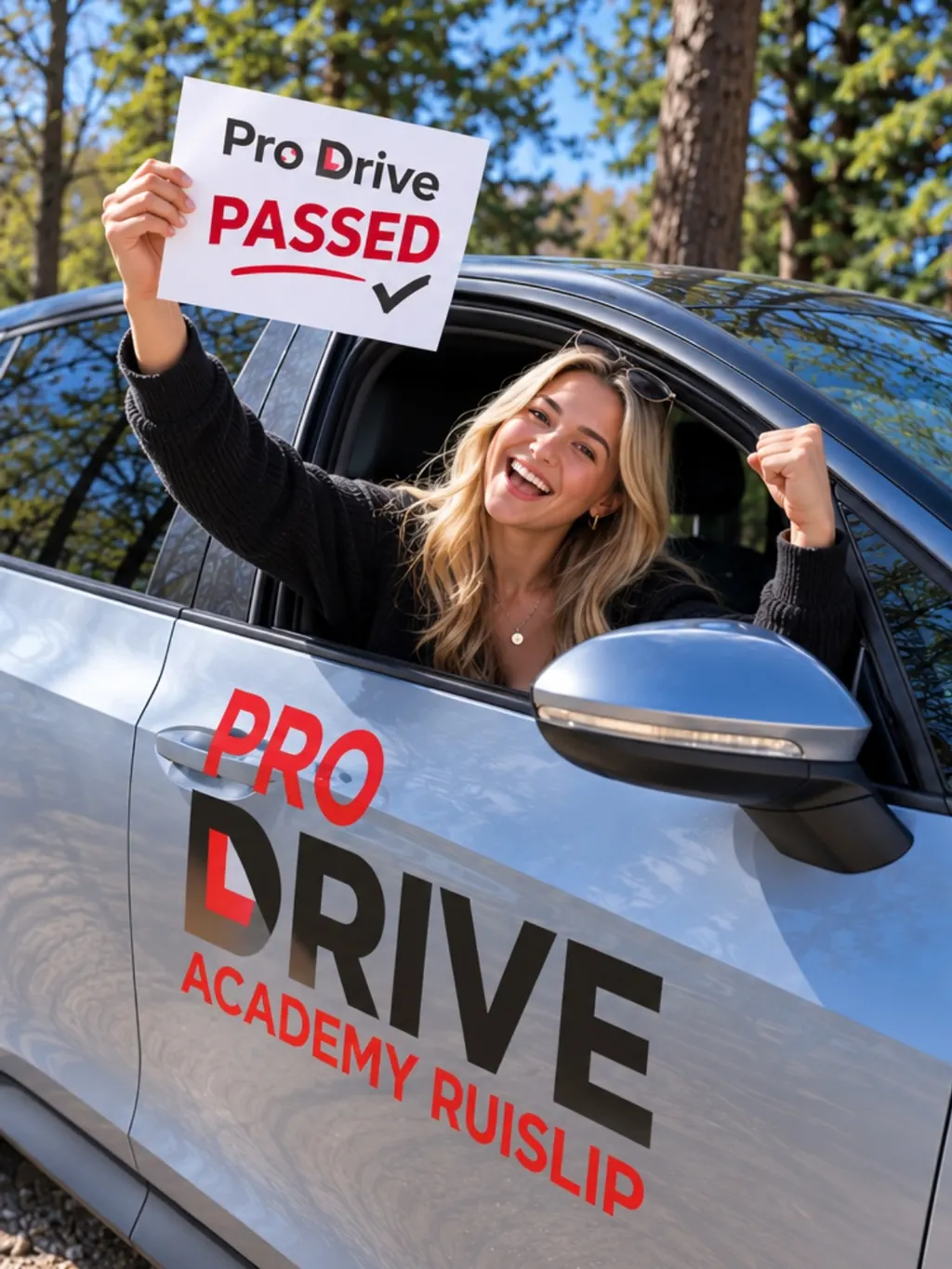 A learner holding a PASSED sign out of the window of the ProDrive Academy car