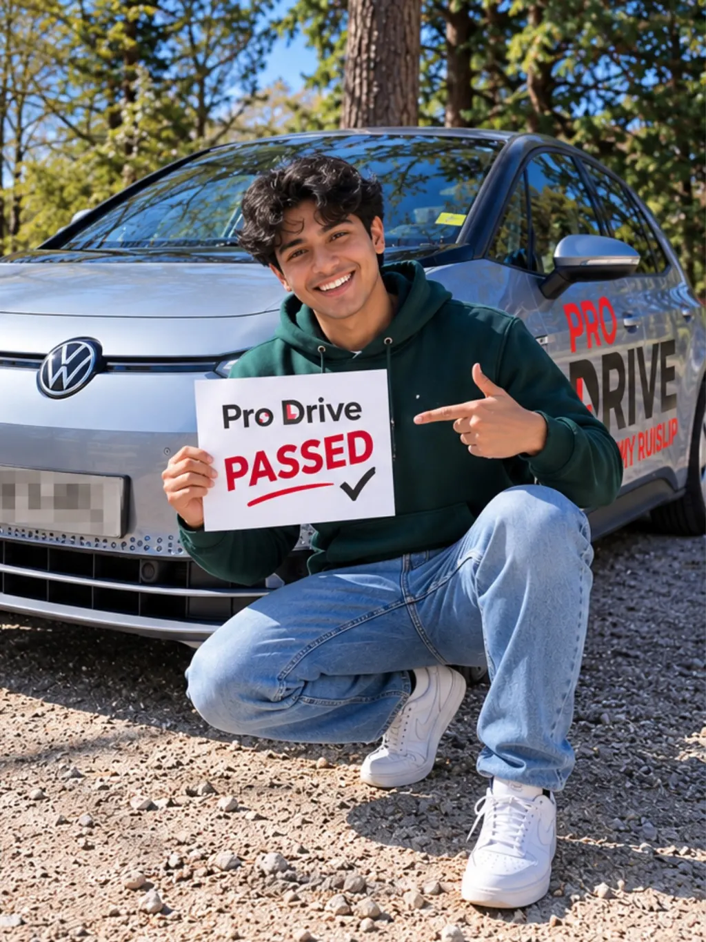 A learner kneeling beside the ProDrive Academy car, pointing at a PASSED sign