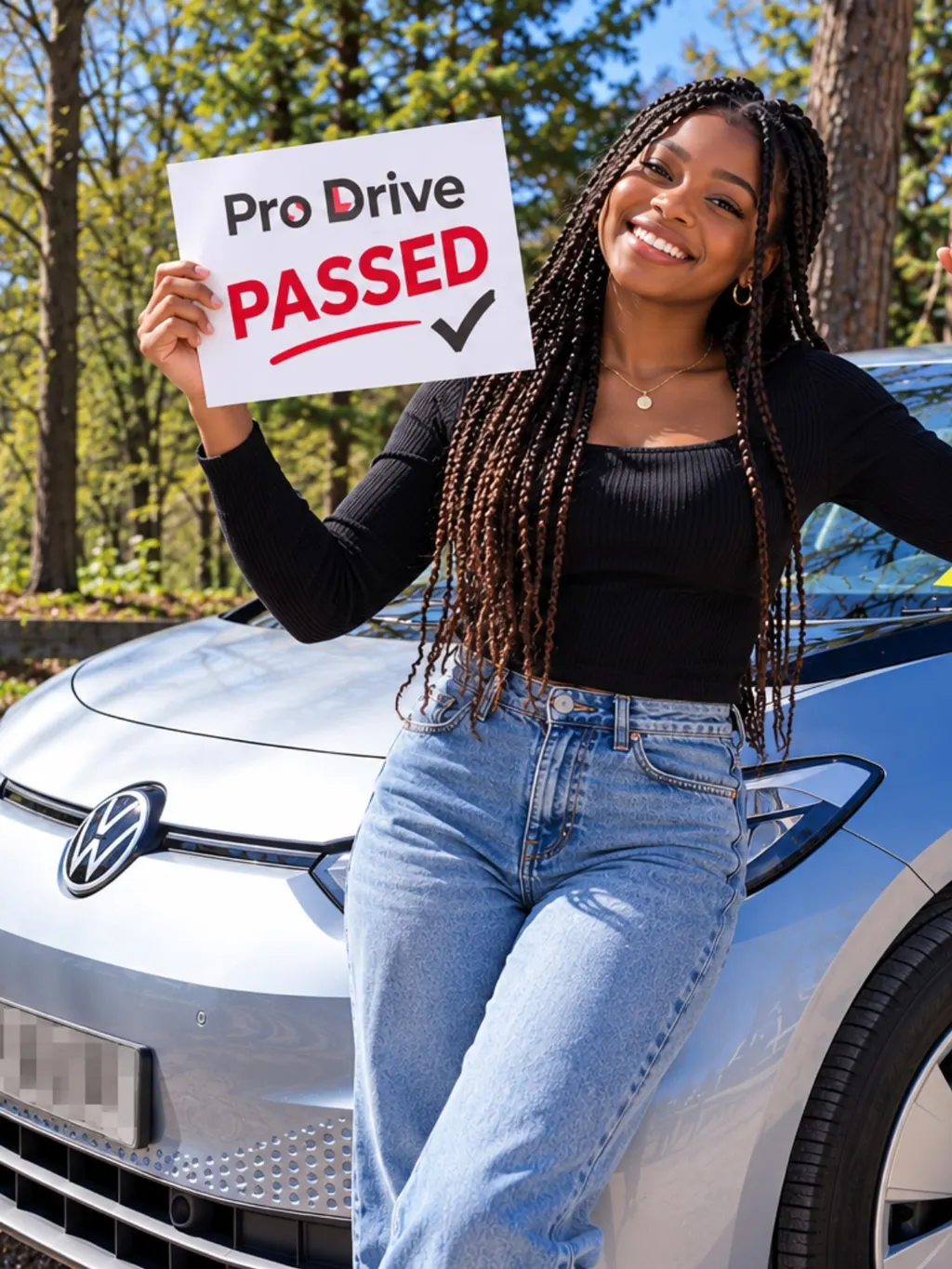 A learner pointing at her ProDrive Academy PASSED sign beside the school car