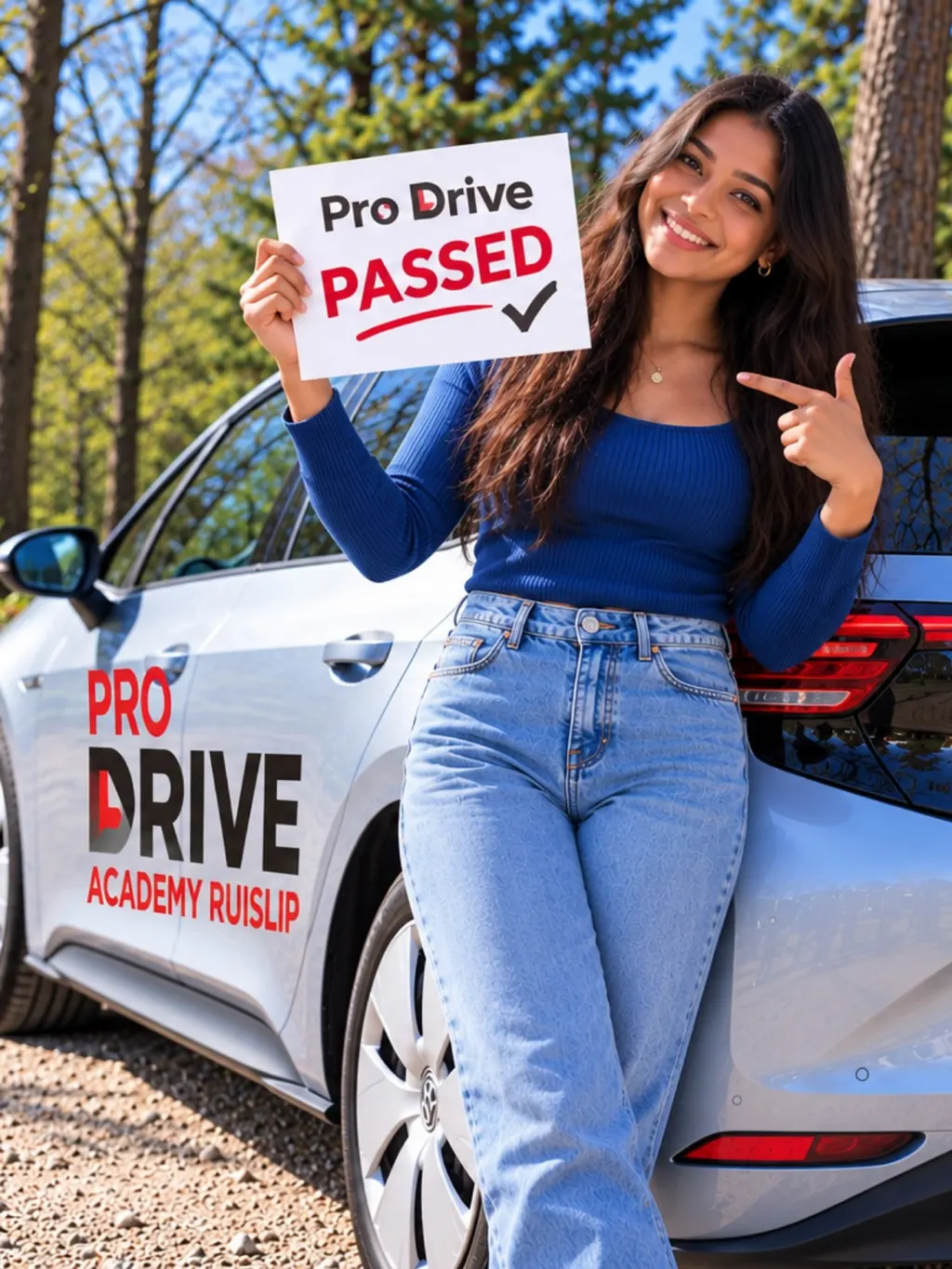 A learner pointing at her ProDrive Academy PASSED sign beside the school car